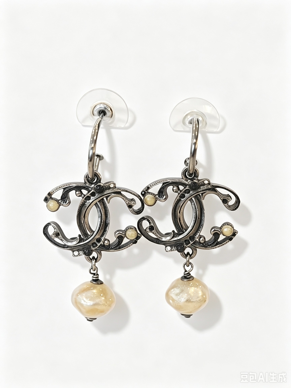 Chanel Silver-Tone CC Hoop Earrings with Cream Pearl Drops